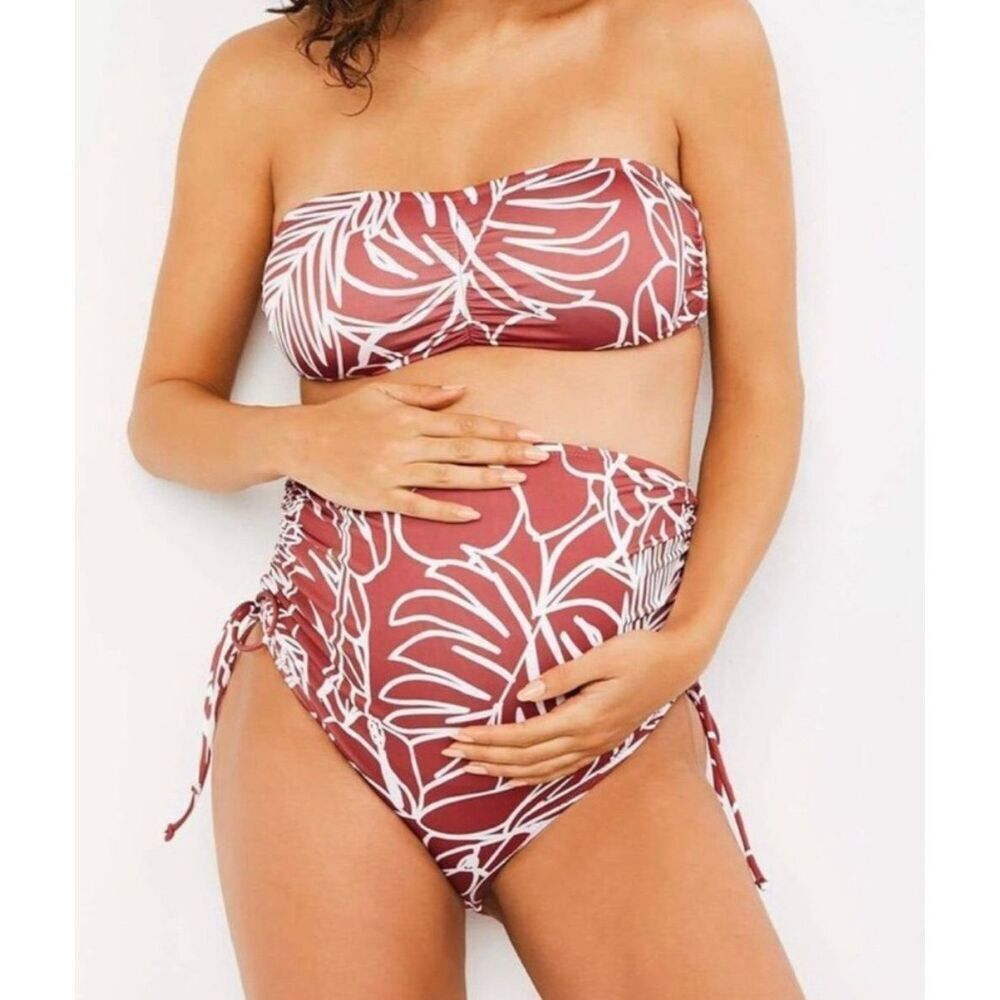 A Pea in Pod Maternity Palm Bikini Set | Burgundy and White in Medium